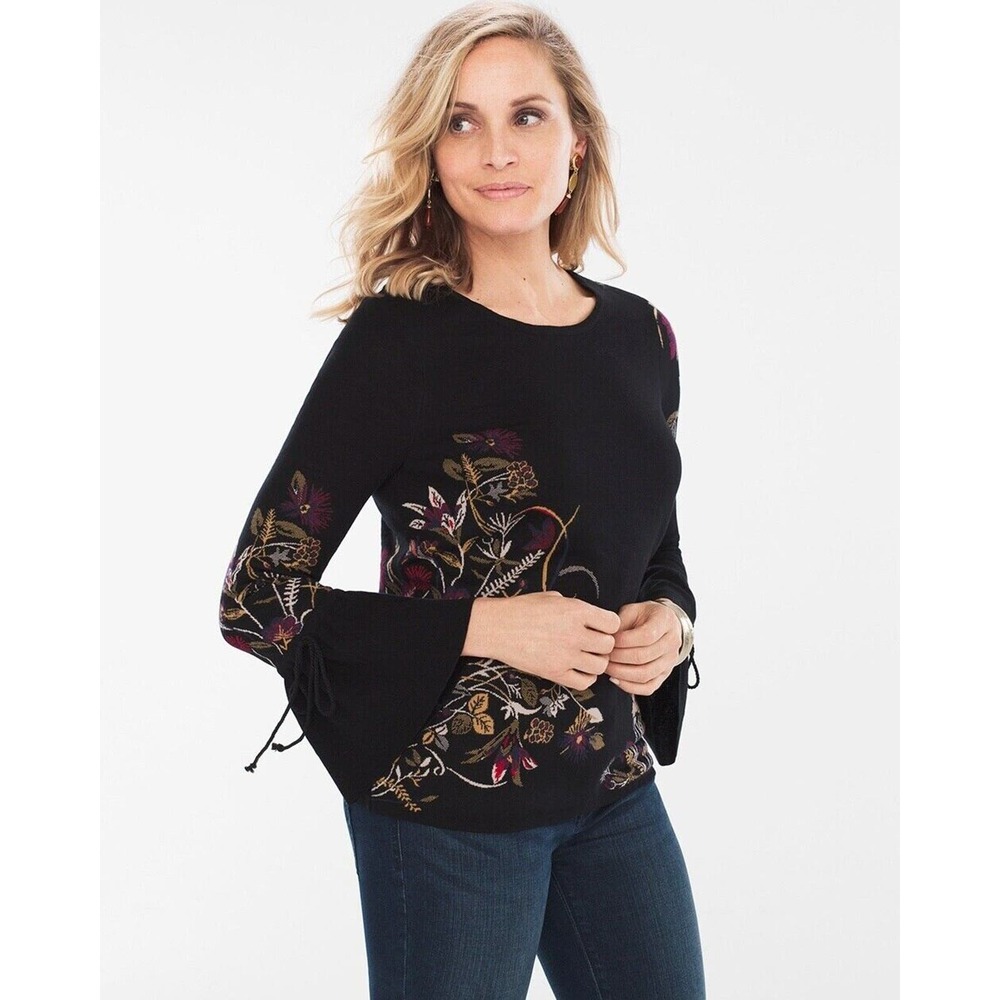 Chico's Black Embroidered Floral Jacquard Bell Sleeve Pullover Top Womans Size 1